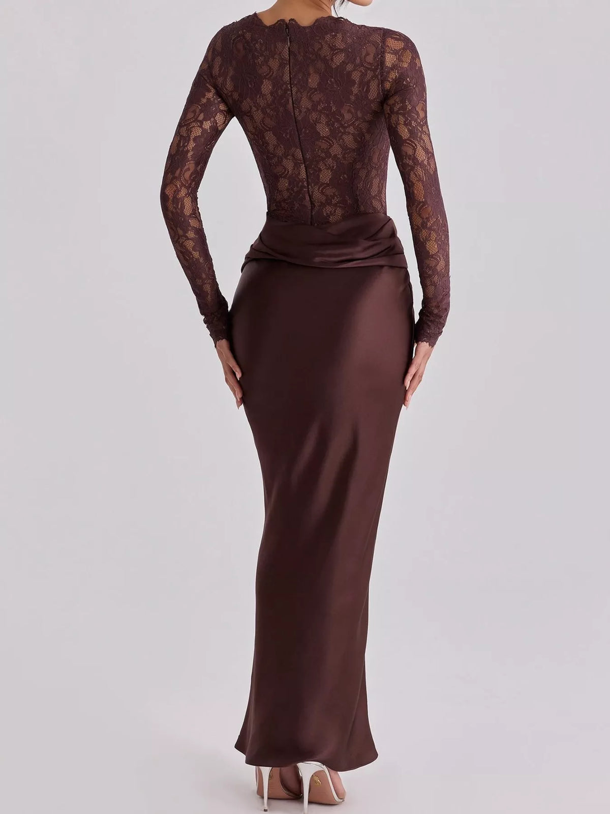 Brown lace and satin maxi dress, back view
