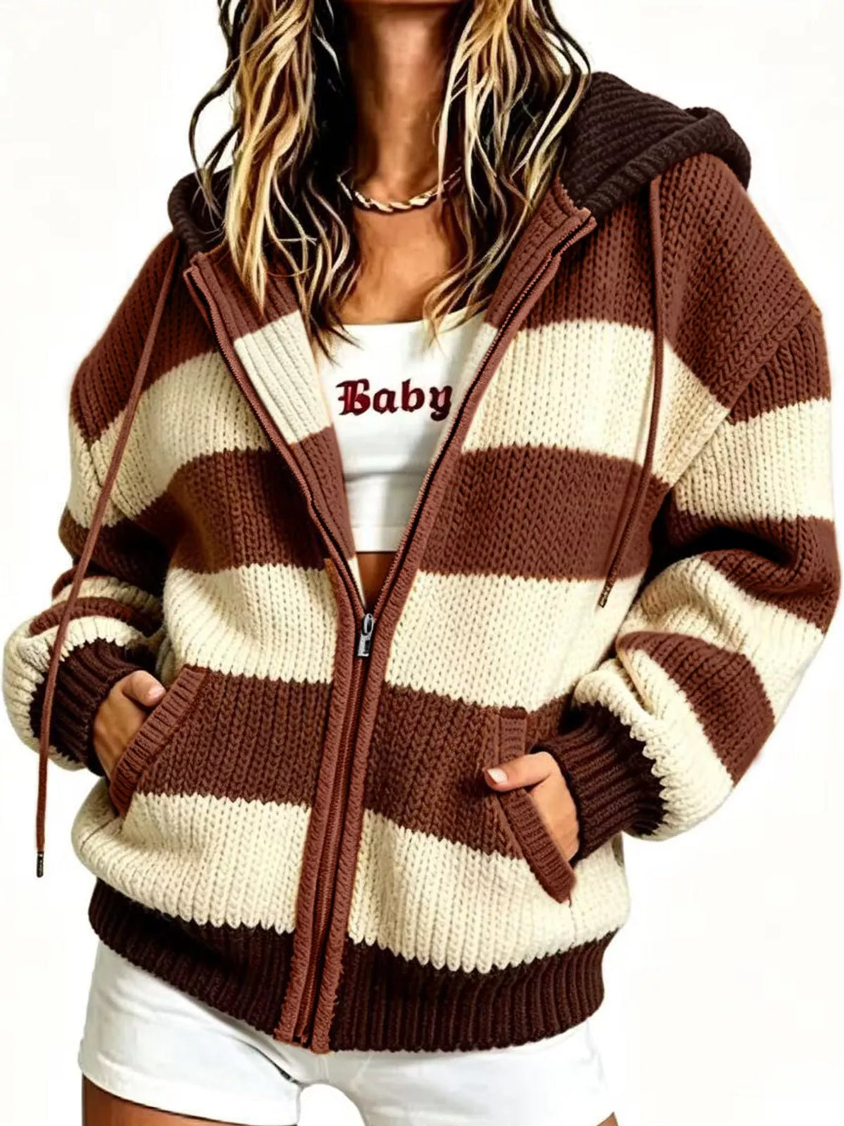 Hooded long sleeve cardigan, front view on model