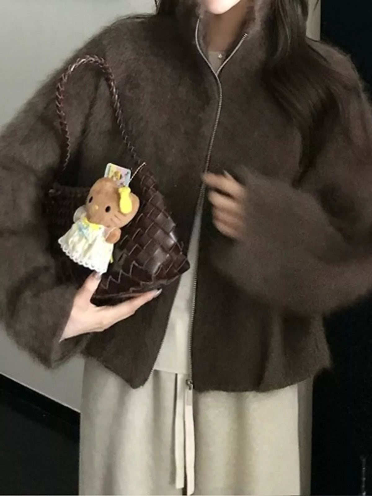 Fuzzy Zip-Up Stand Collar Jacket in brown