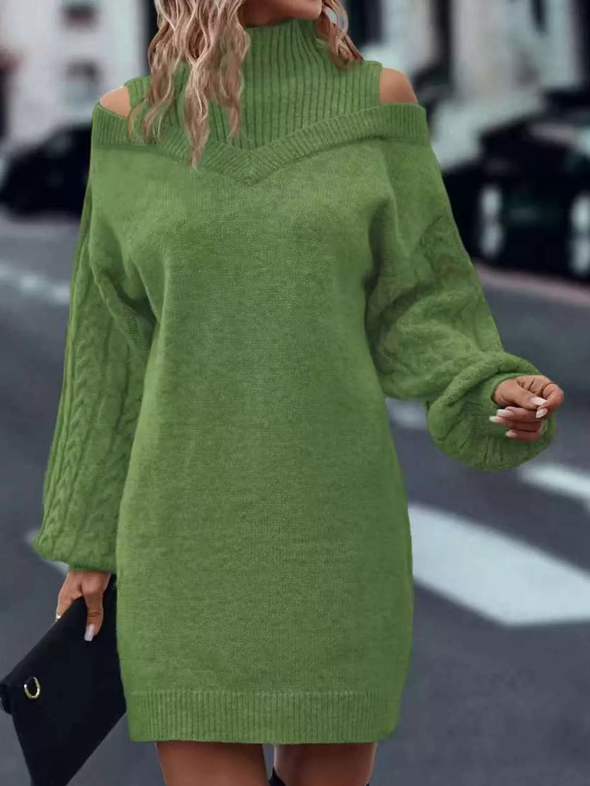 Green cold shoulder cable knit mock neck sweater dress, front view