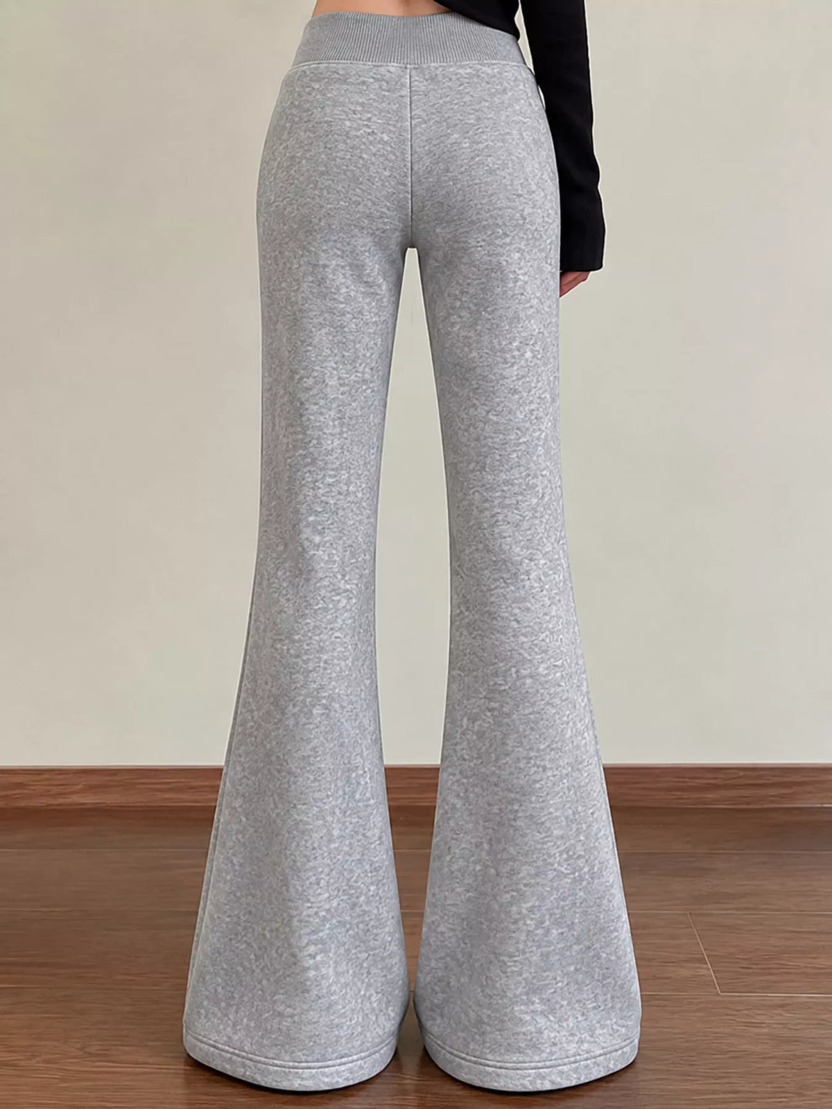 Gray drawstring pants, back view