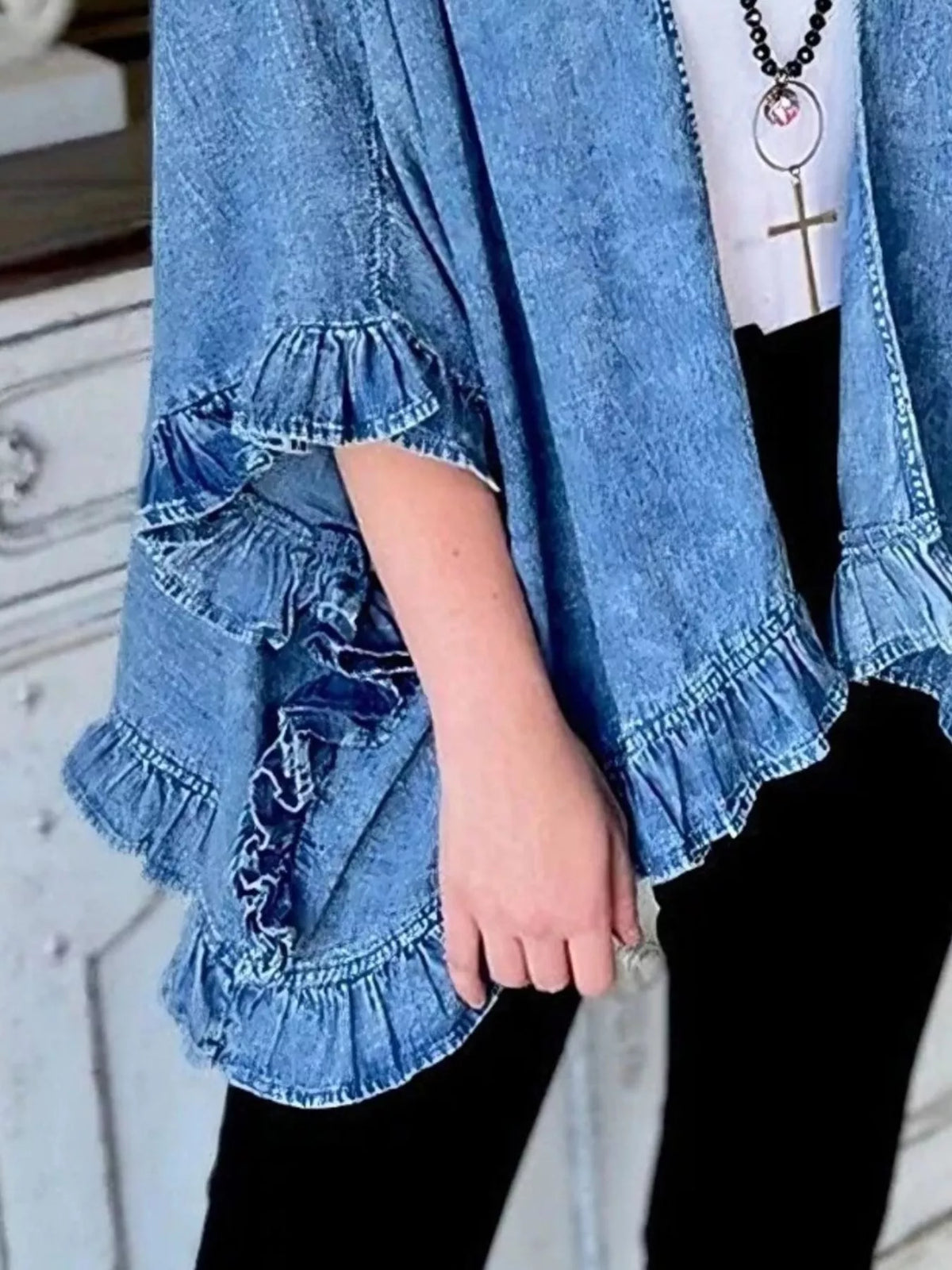 Royal Blue Ruffled Edge Open Front Denim Jacket back view