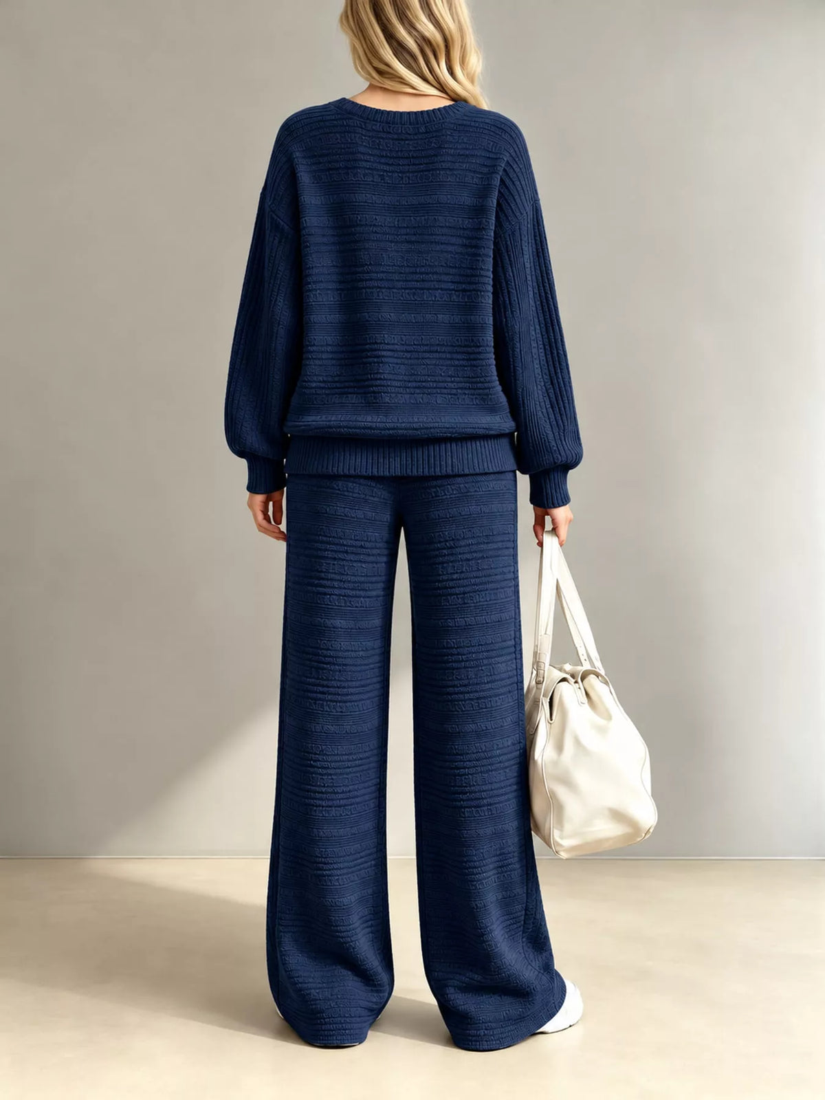 Ribbed Knit Top and Wide-Leg Pants Set — back view