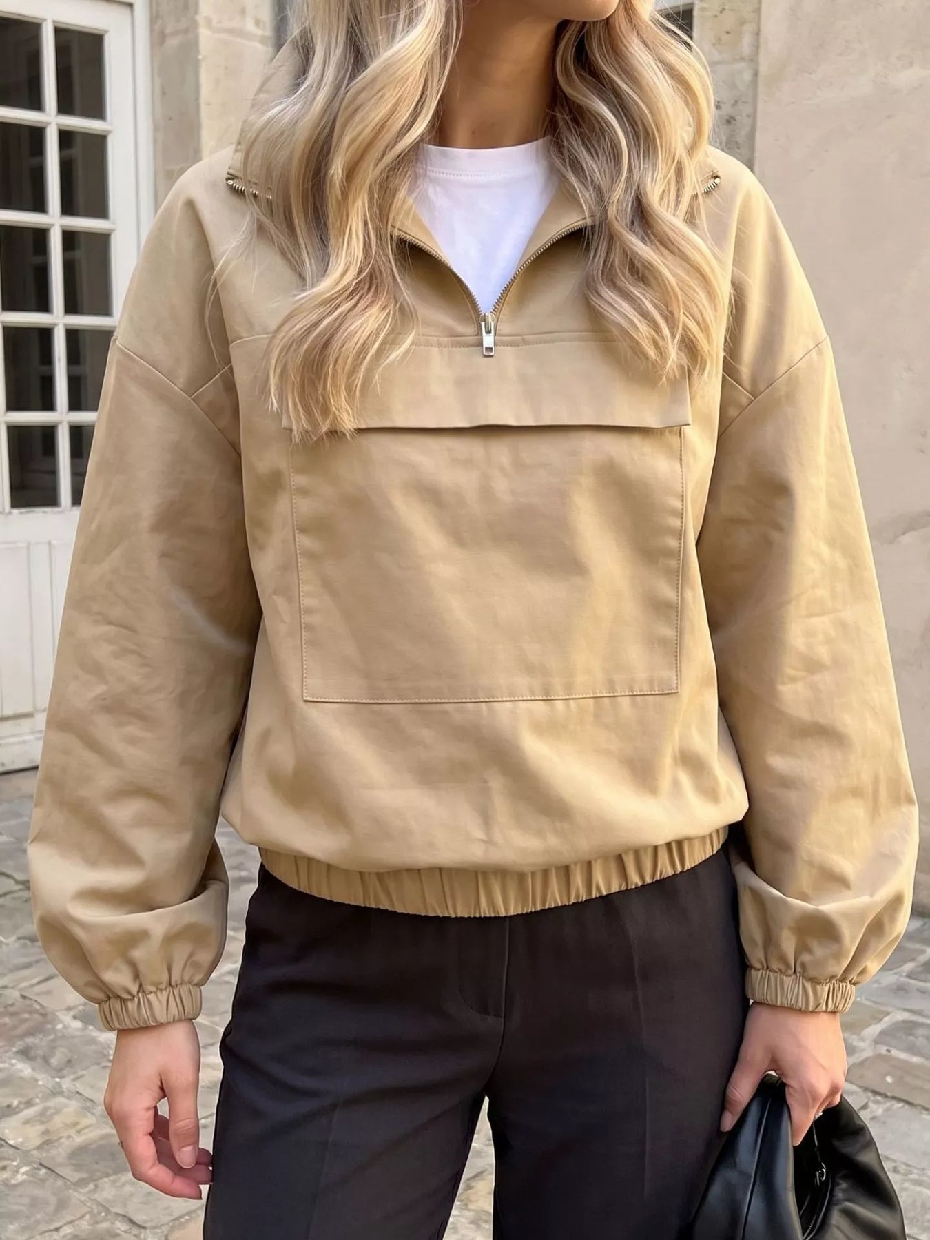 Trendsi Quarter Zip Front Flap Pocket Top -
