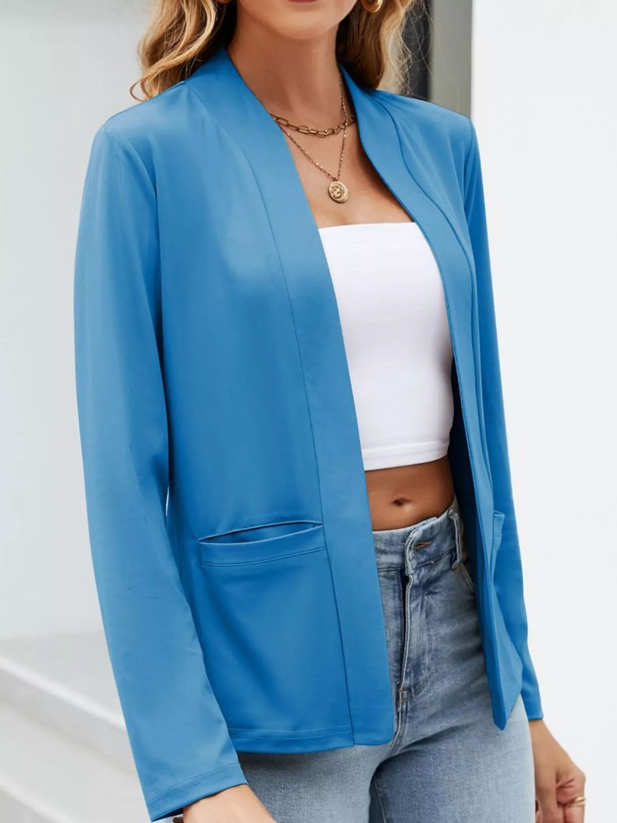Mandarin neck long sleeve blazer, front view on model