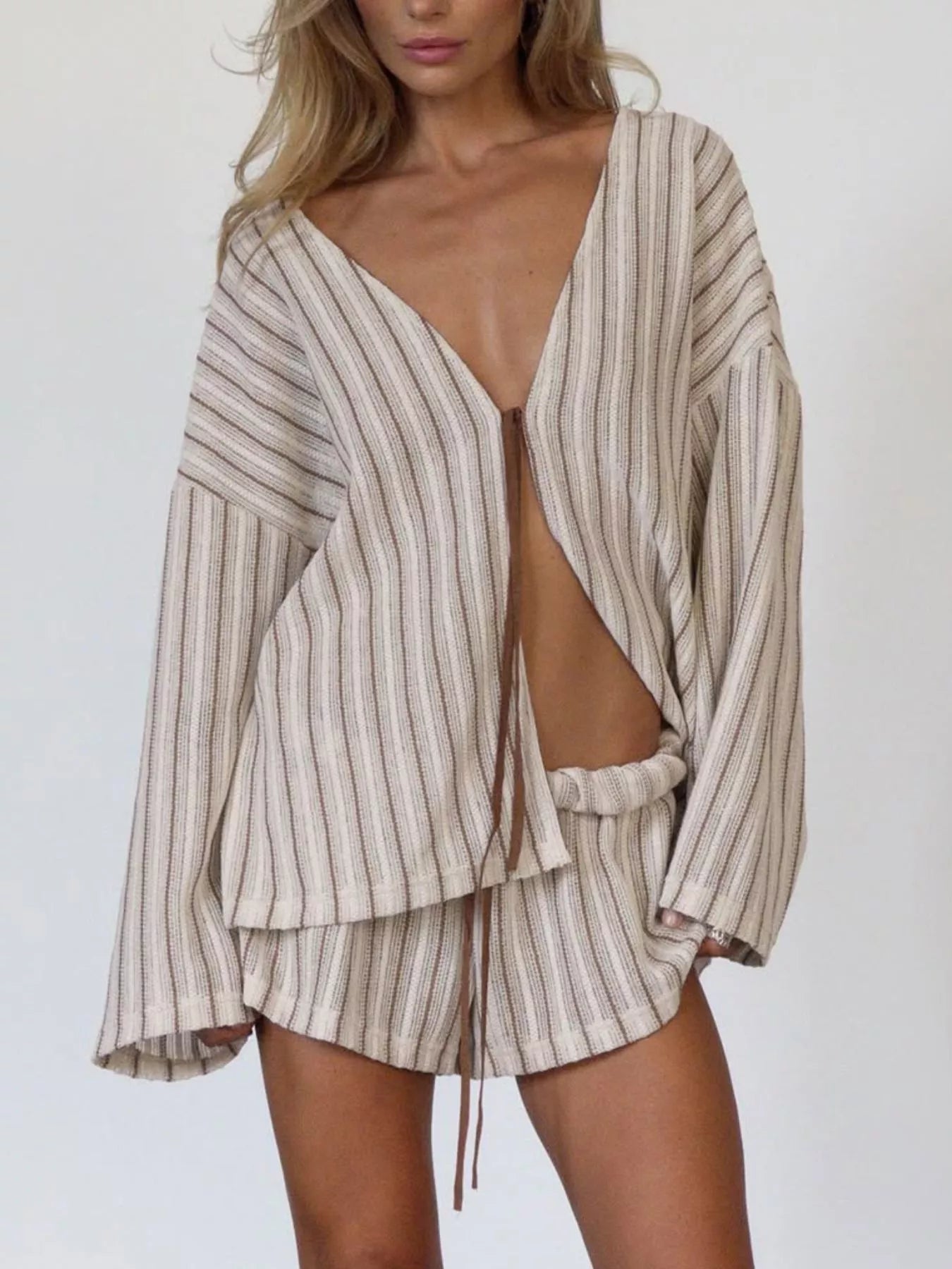 Trendsi Striped Tie Front Top and Shorts Lounge Set -