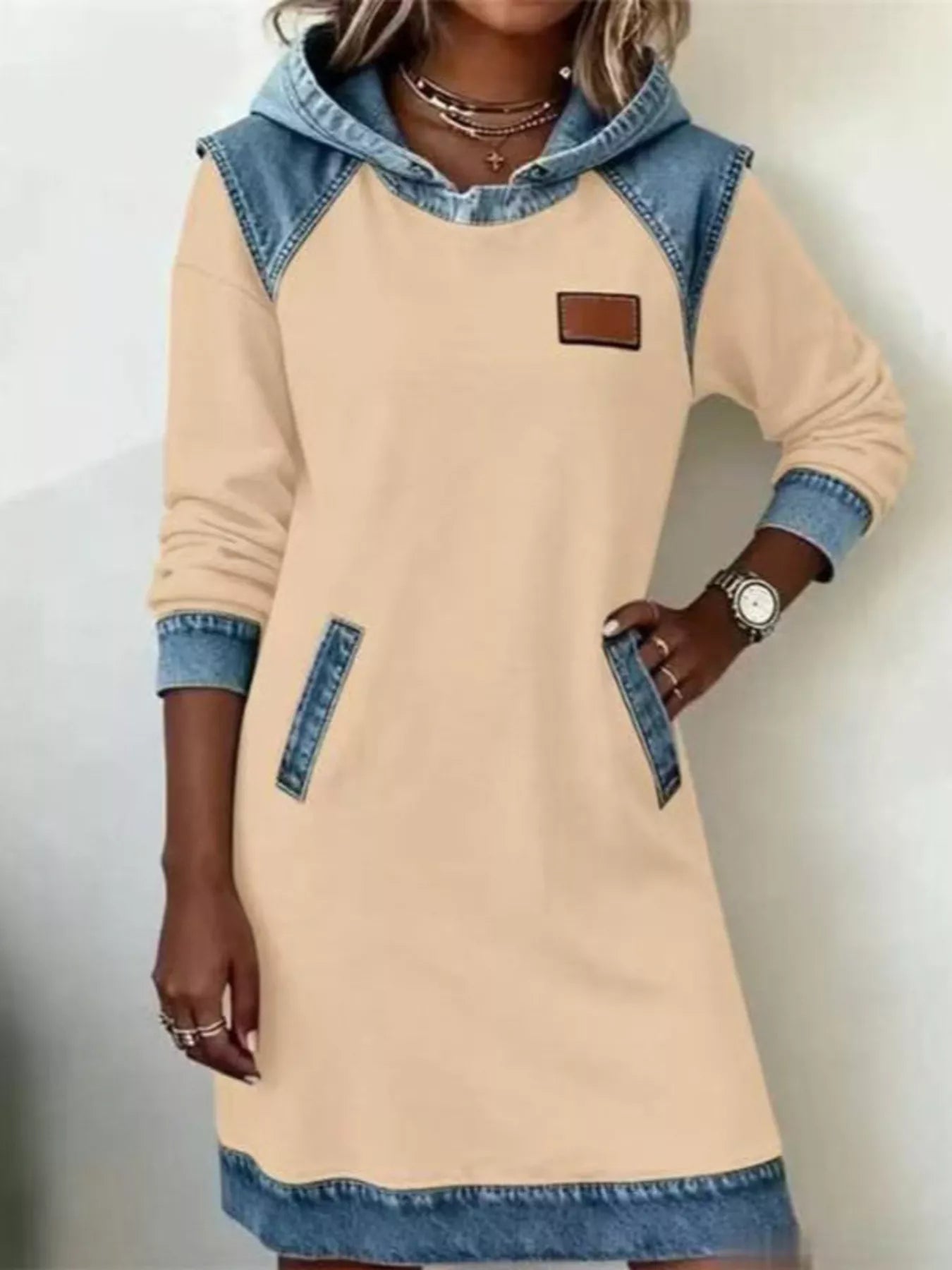 Trendsi Full Size Denim Patchwork Hooded Sweatshirt Dress Plus Size -