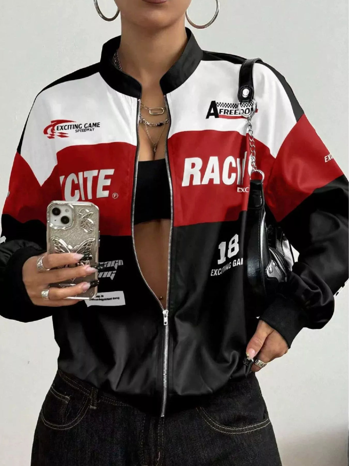 Black and red letter-print zip-front jacket, open front mirror view