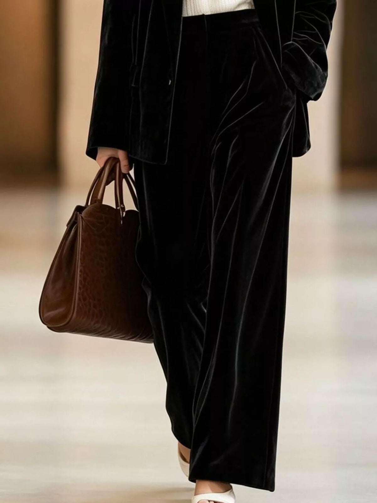 Black velvet blazer and wide-leg pants set, pants detail