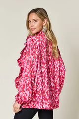 Trendsi Double Take Full Size Printed Ruffle Trim Balloon Sleeve Shirt -