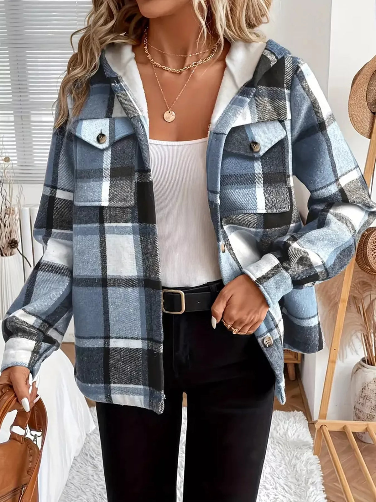 Blue fleece-lined plaid button-up shacket