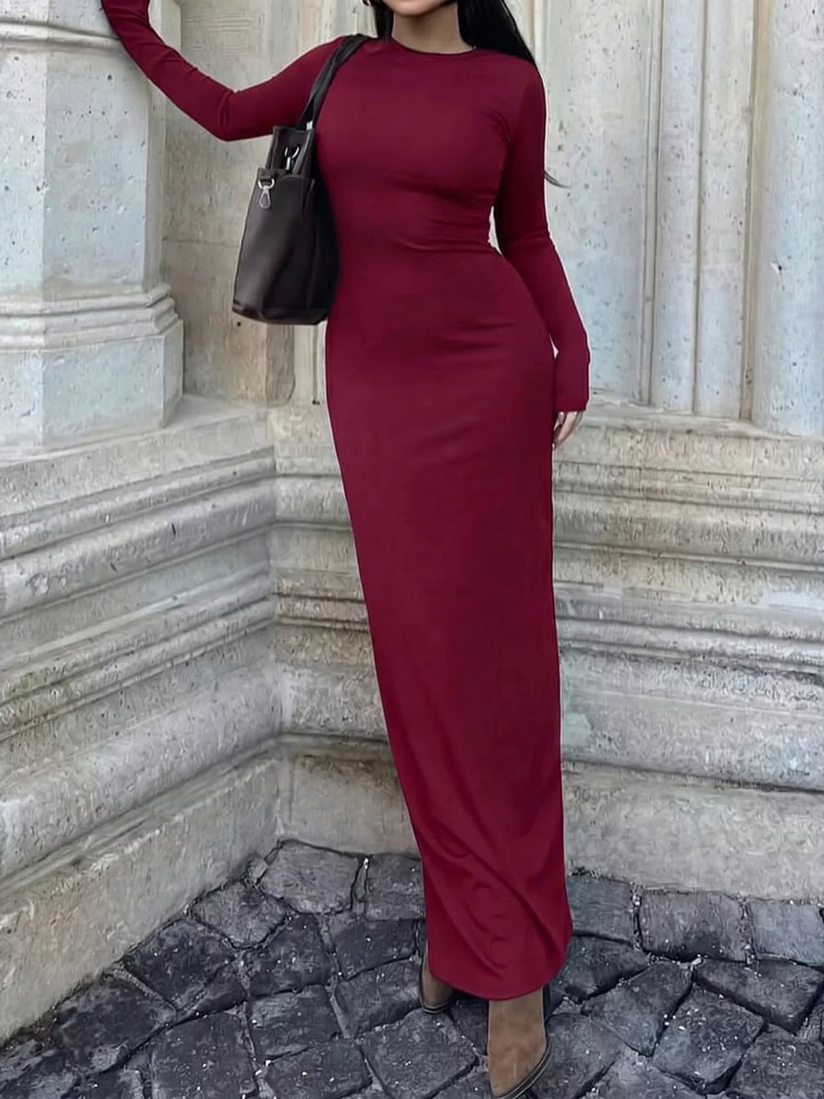 Long-Sleeve Bodycon Maxi Dress in burgundy, front view