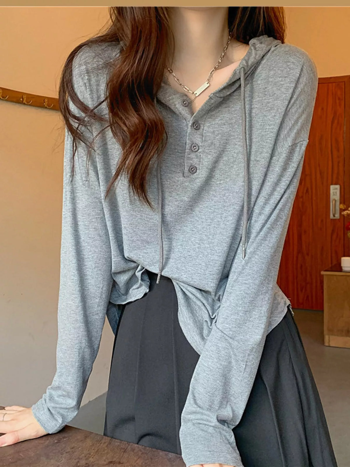 Long-Sleeve Hooded Henley T-Shirt — front view
