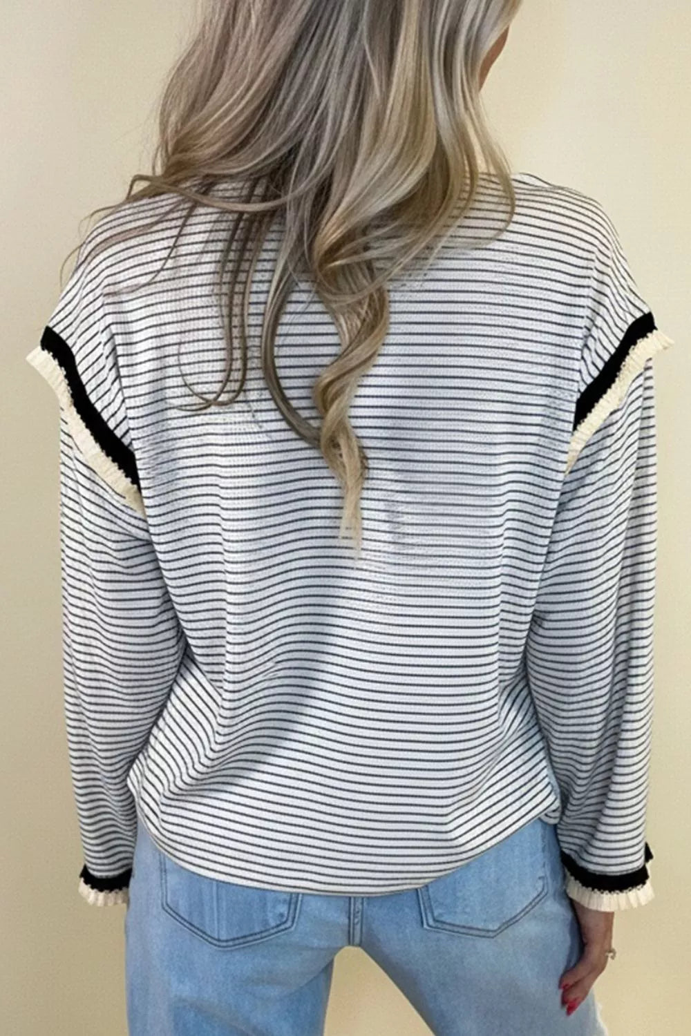 Trendsi Stripe Contrasted Ruffle Trim Loose Long Sleeve Top -