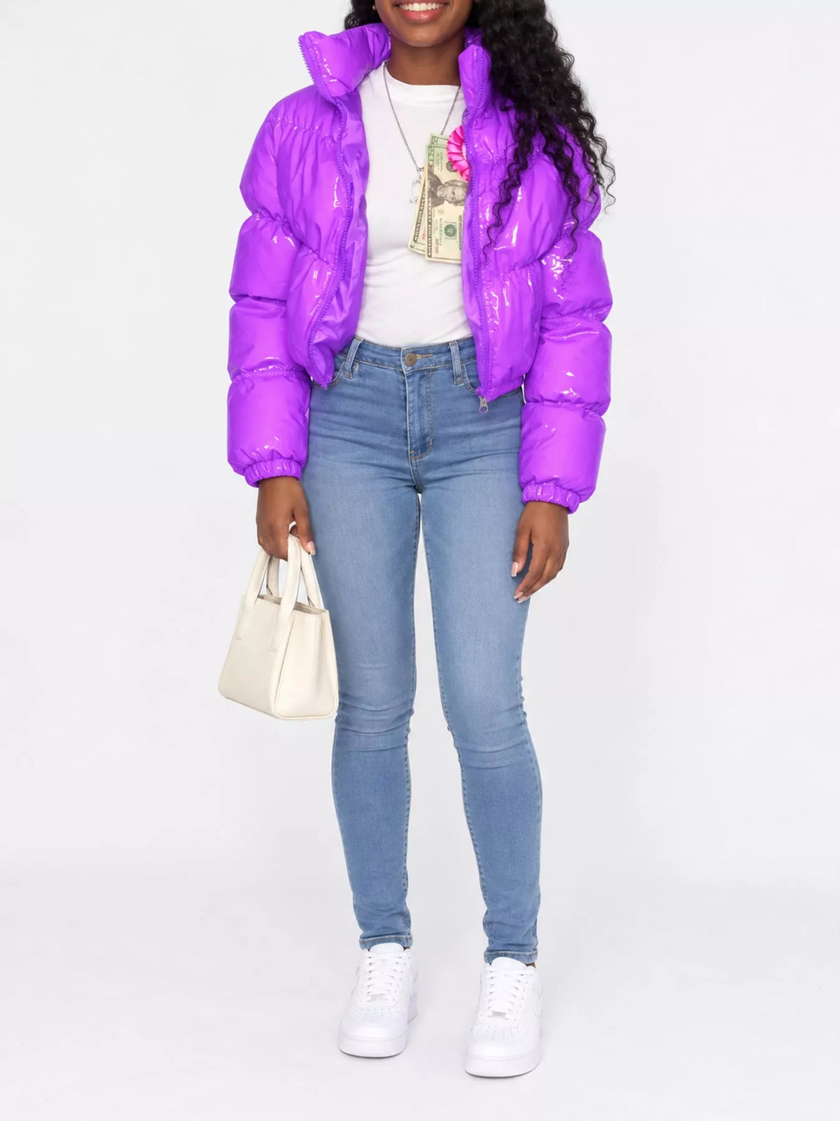 Glossy Stand-Collar Zip-Up Puffer Jacket — front view