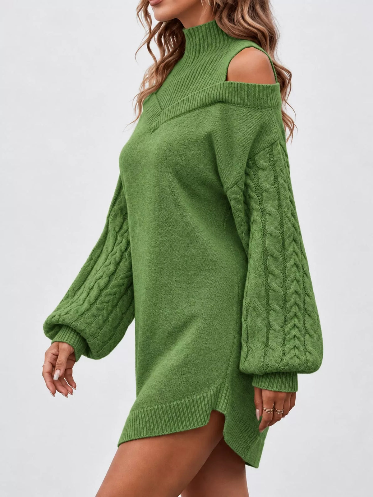 Green cold shoulder cable knit mock neck sweater dress, side view