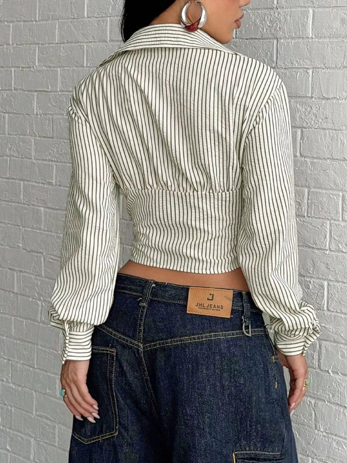 Trendsi Deep V-Neck Striped Long Sleeve Blouse -