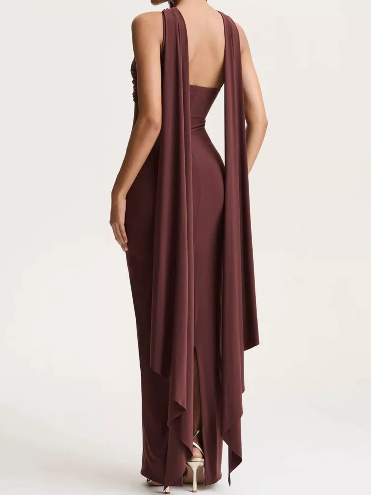 Brown strapless ruched bodycon maxi dress with scarf, back view