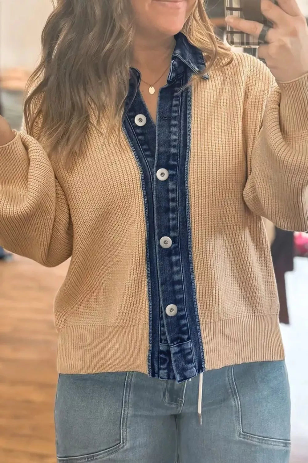 Trendsi Drop Shoulder Placket Paneling Shirt Collar Long Sleeve Cardigan -