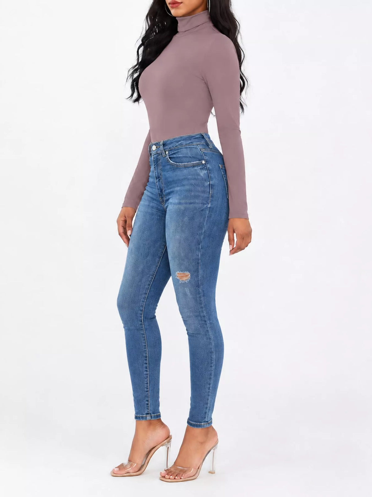 Long Sleeve Turtleneck Slim-Fit Bodysuit in mauve