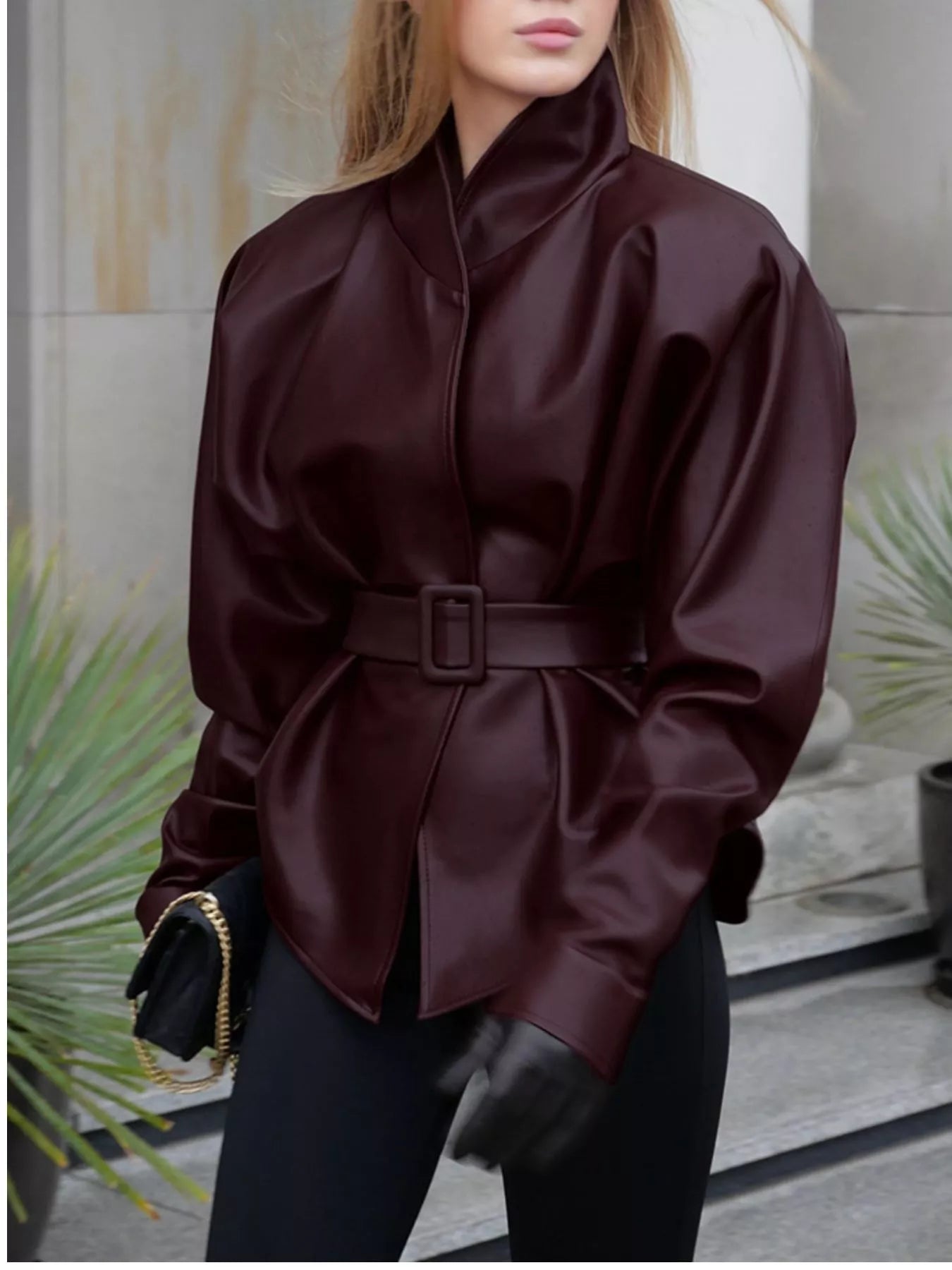 Trendsi Stand Collar Belted Faux Leather Jacket -