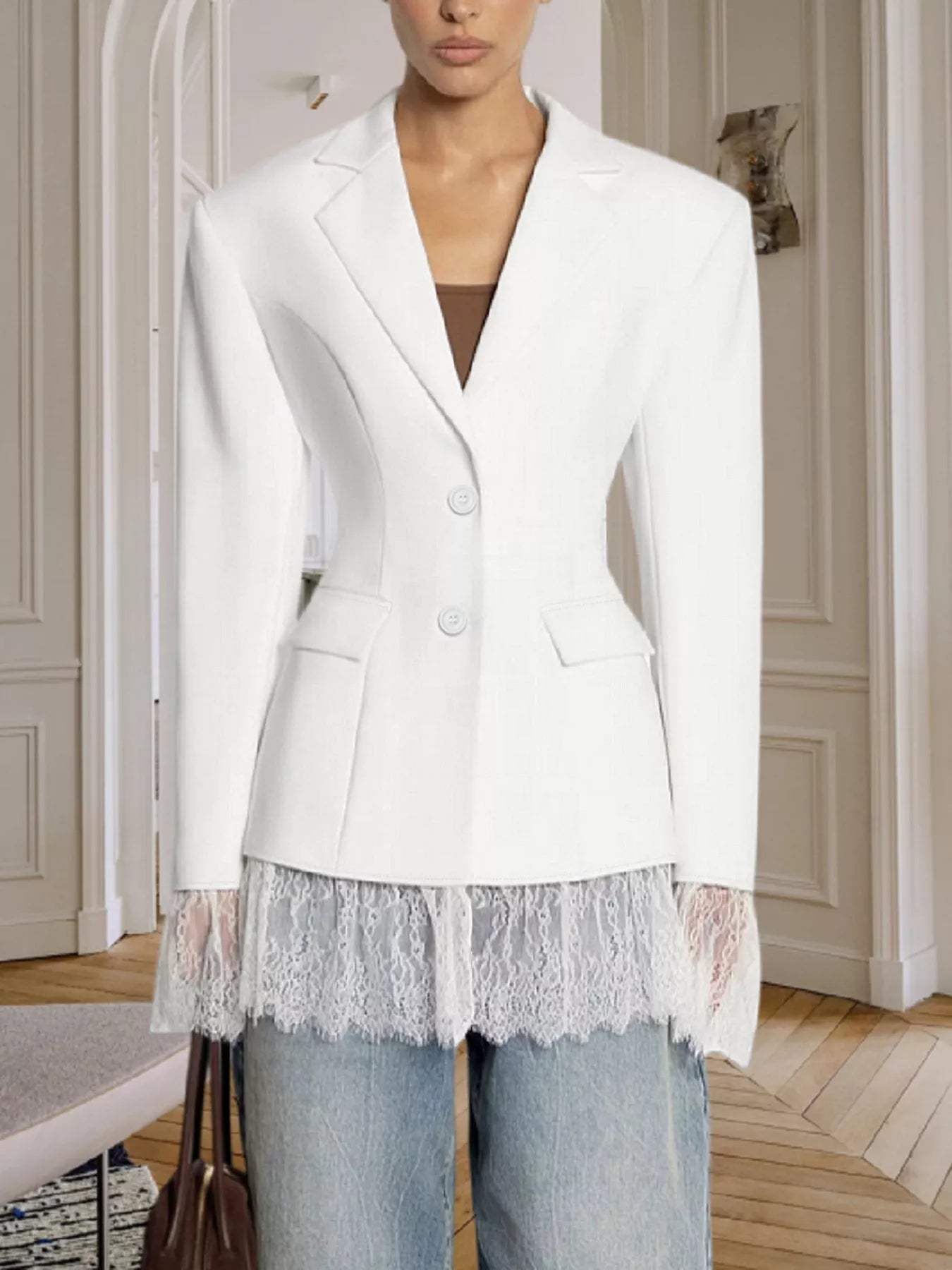 Trendsi Lace Hem Button Down Blazer -