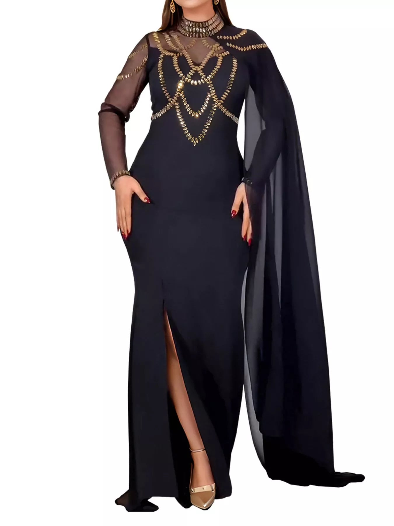 Trendsi Rhinestone Slit Maxi Dress with Sheer Cape Sleeves -
