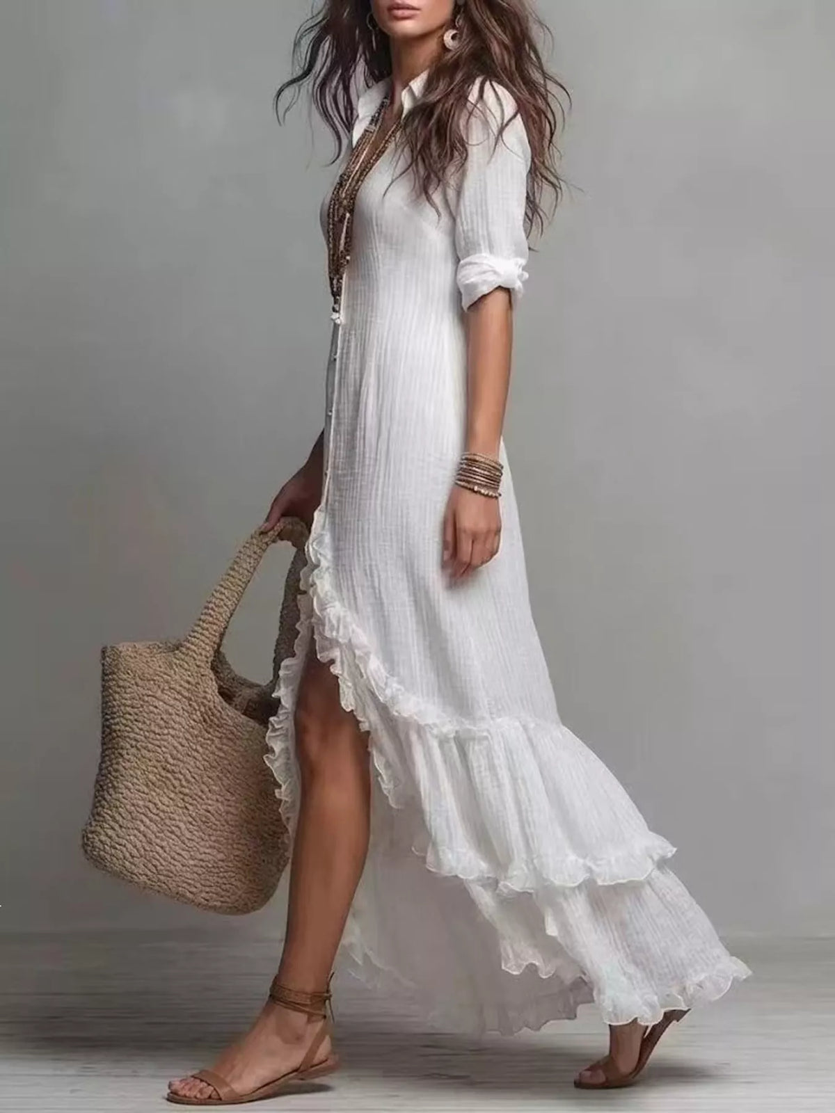 Button-Down Ruffled High-Low Maxi Dress, side view