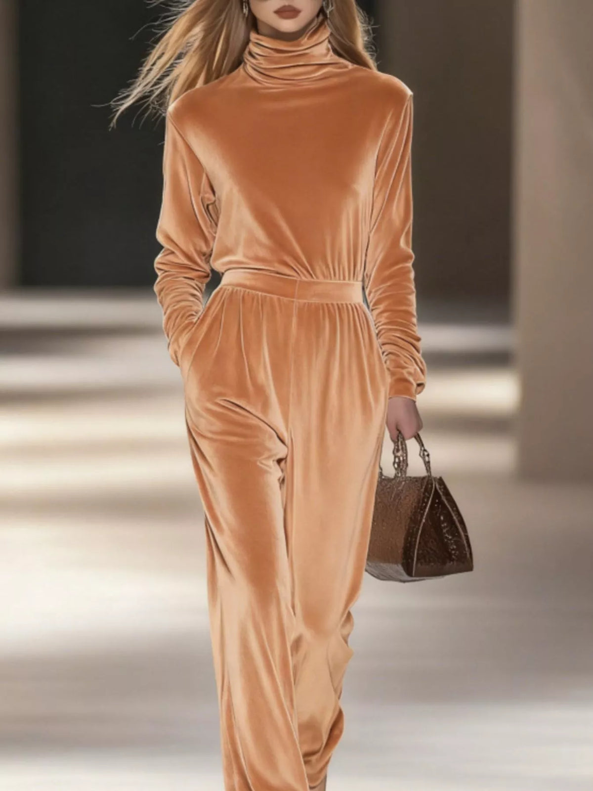 Women's Velvet Turtleneck Long-Sleeve Top & Wide-Leg Pants Set — alternate view 12
