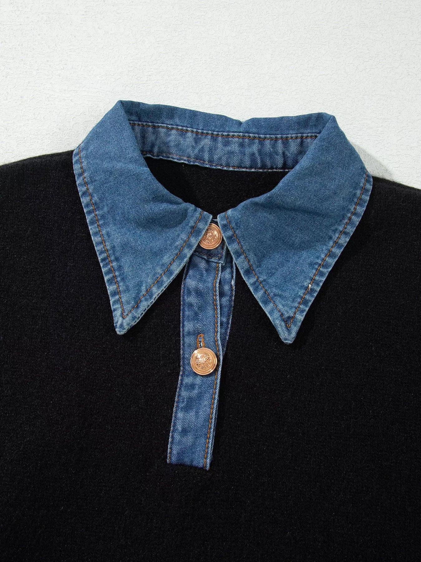 Trendsi Denim Patchwork Collar Cuffed Casual Sweater -