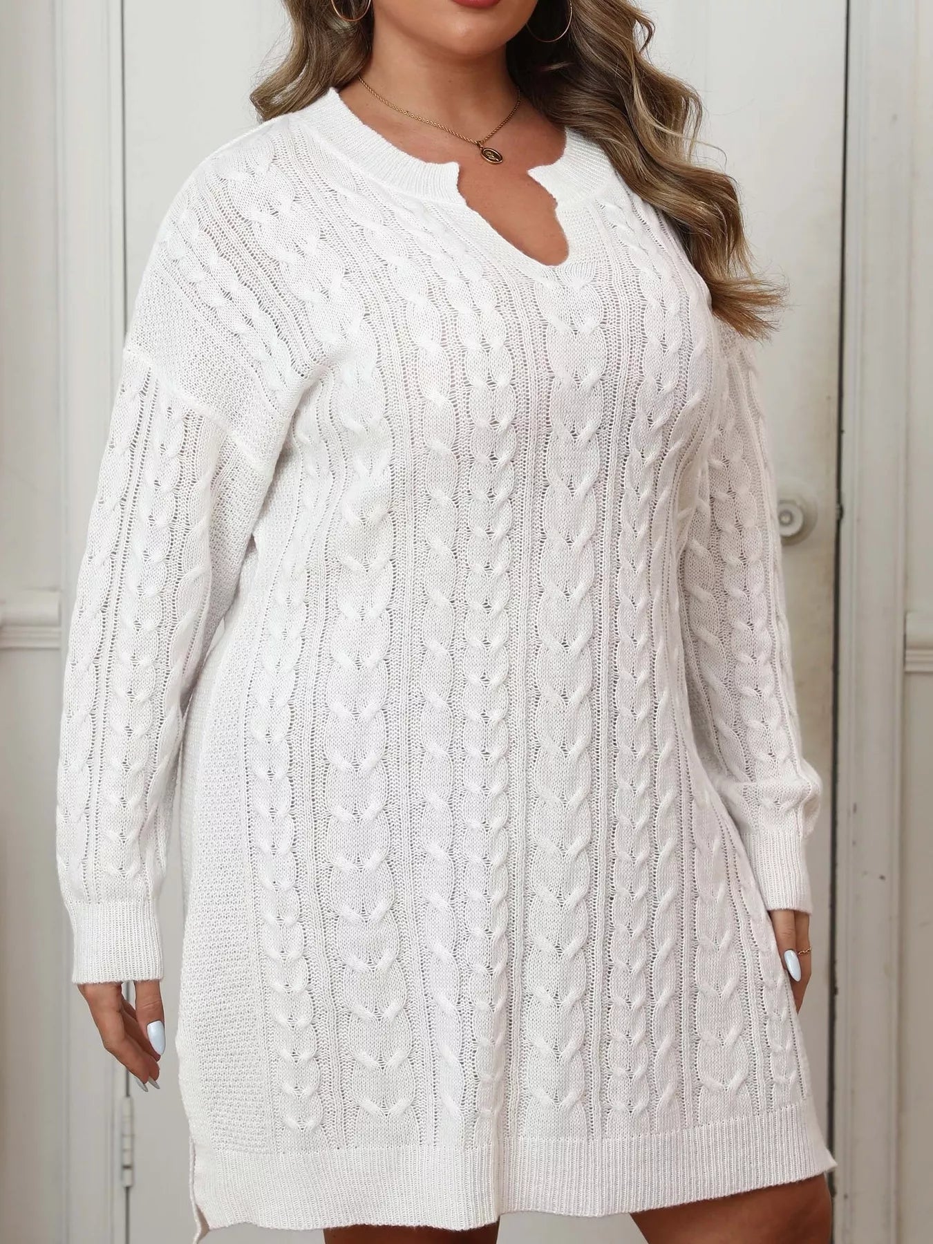 Trendsi Plus Size Cable Knit Long Sleeve Sweater Dress -