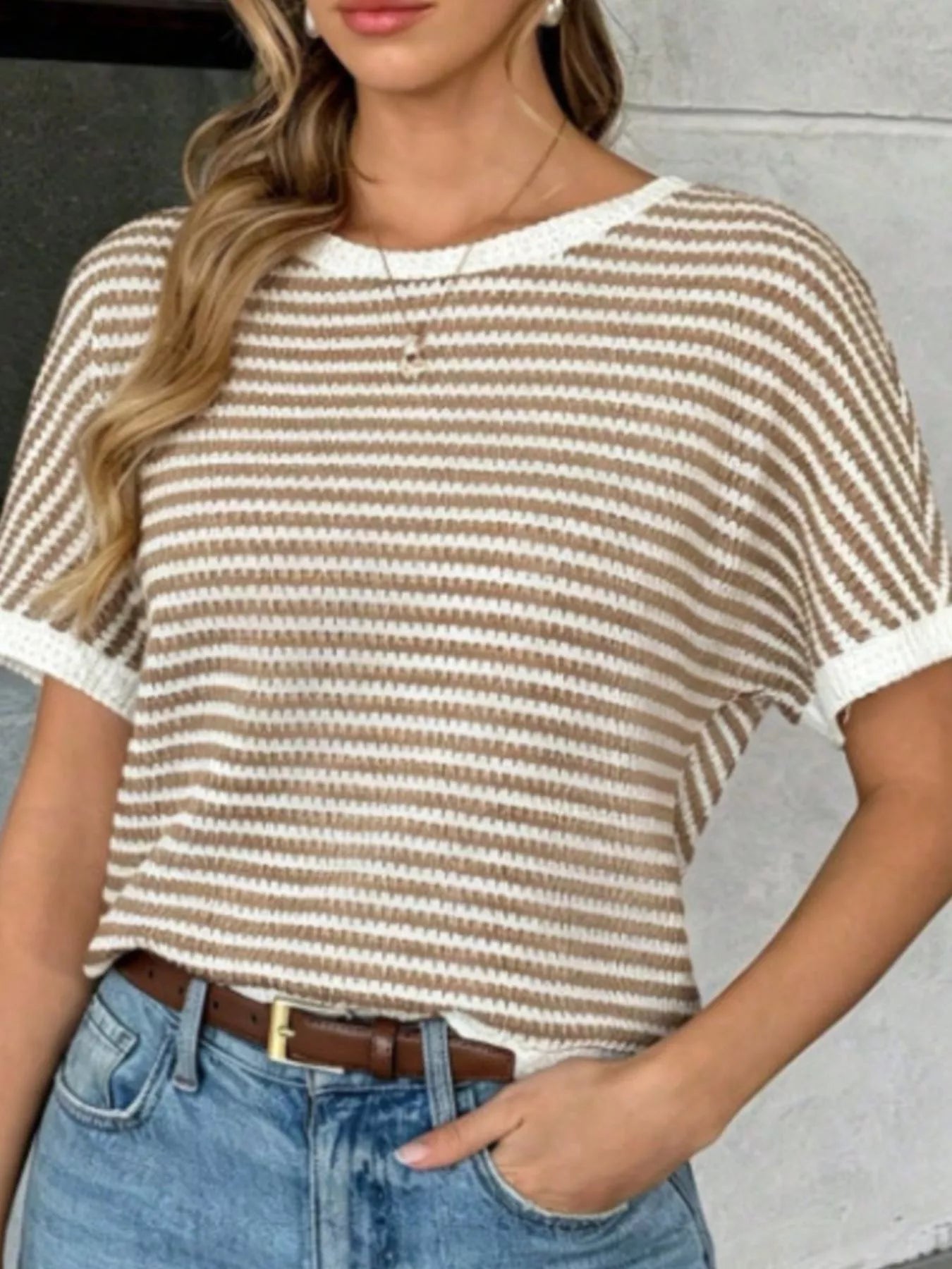 Trendsi Striped Knit Relaxed Fit T-Shirt -