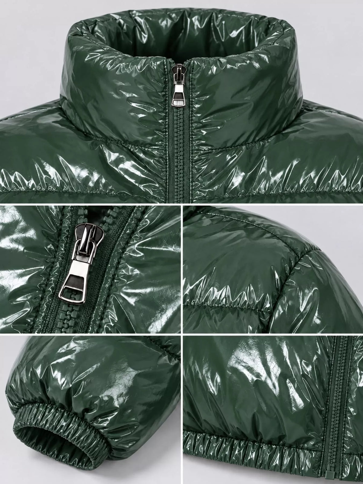Glossy Stand-Collar Zip-Up Puffer Jacket — garment construction details