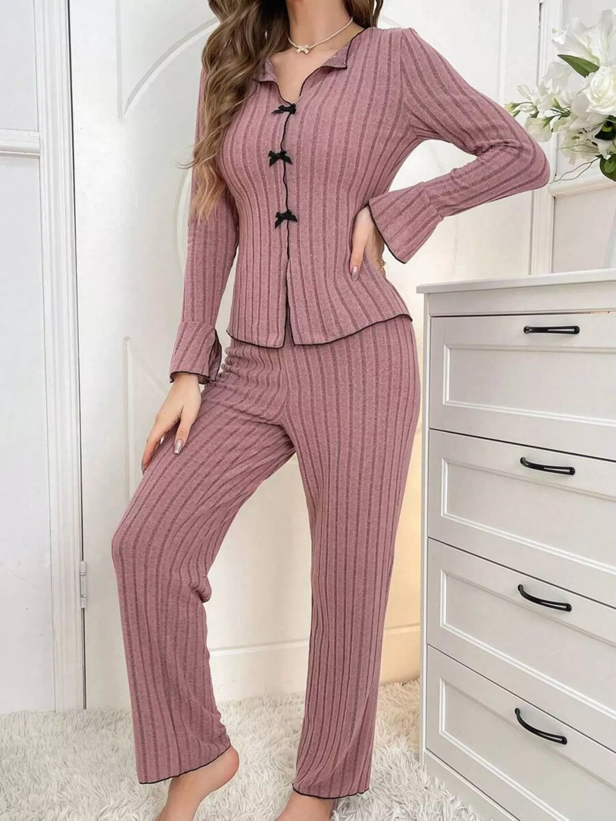 Women's Contrast Bow Detail Top and Pants Lounge Set in Lotus Root Powder, front view