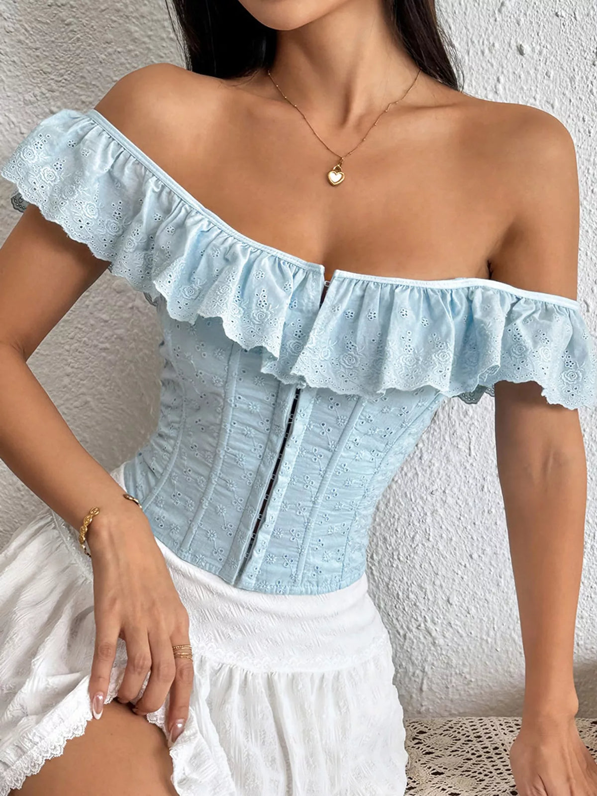Eyelet corset top, blue off shoulder front