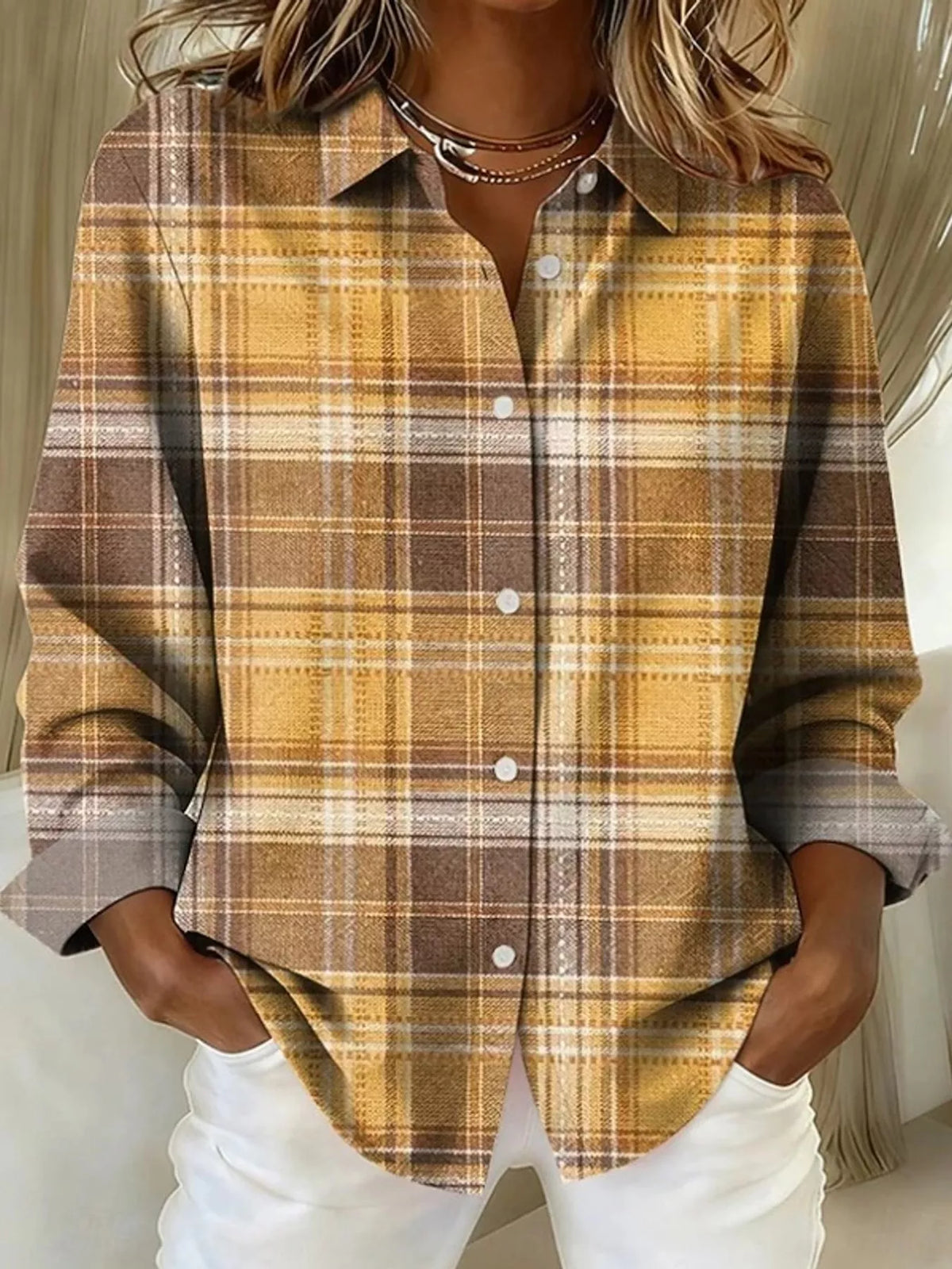 Yellow and brown plaid long sleeve shirt