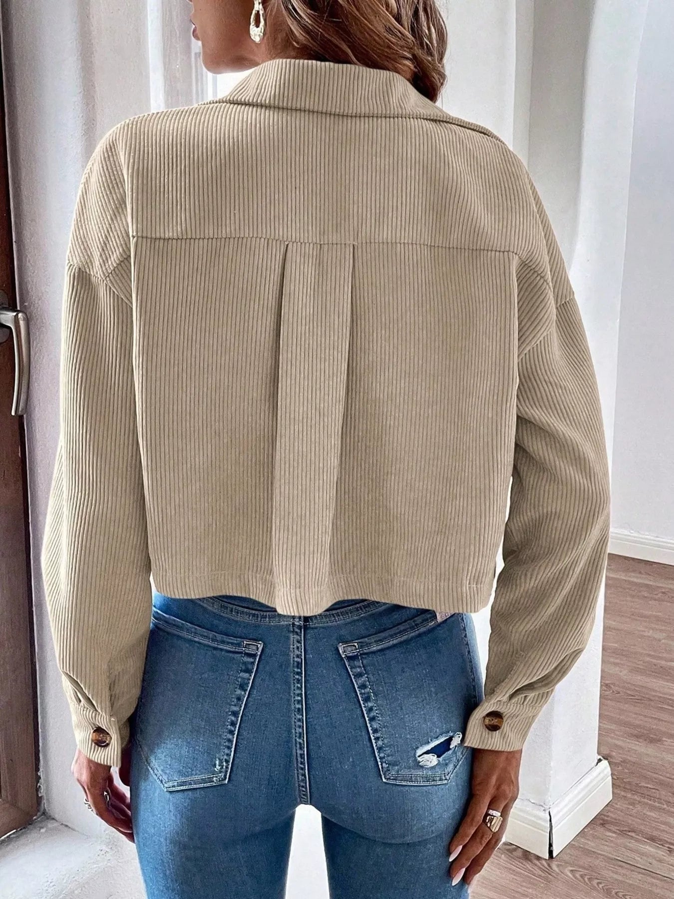 Trendsi Cropped Corduroy Button-Down Jacket -
