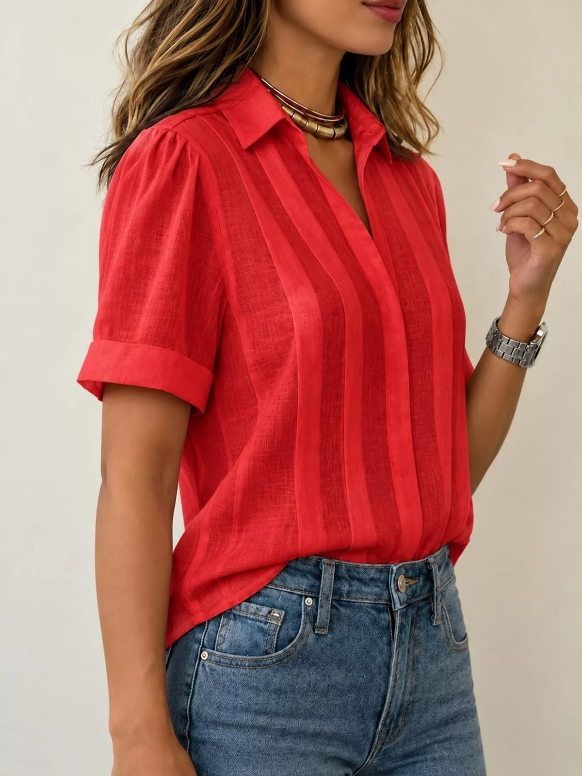 Red button up short sleeve shirt