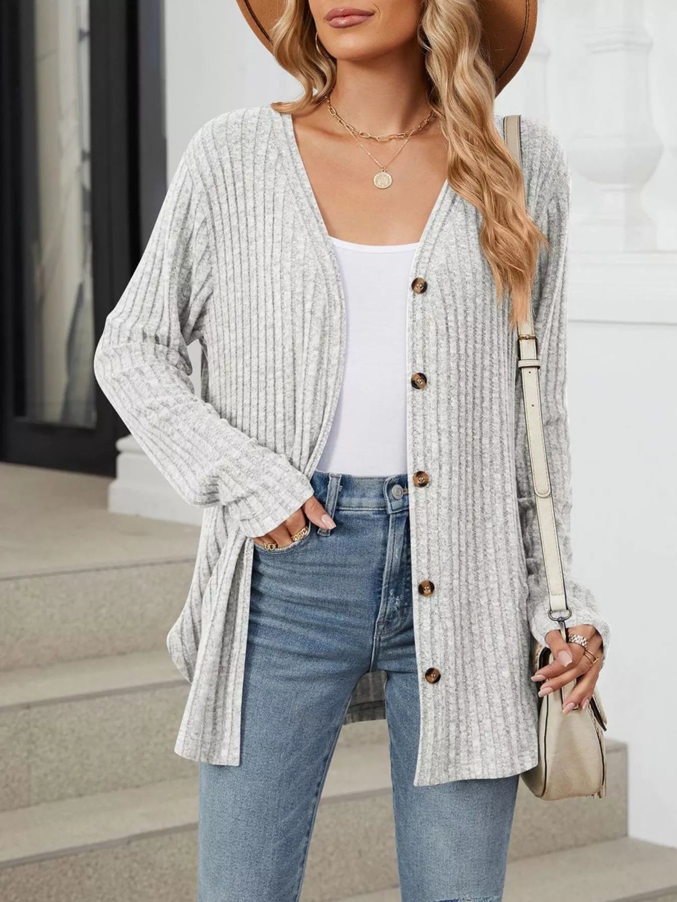 Trendsi Ribbed Button-Up Cardigan -