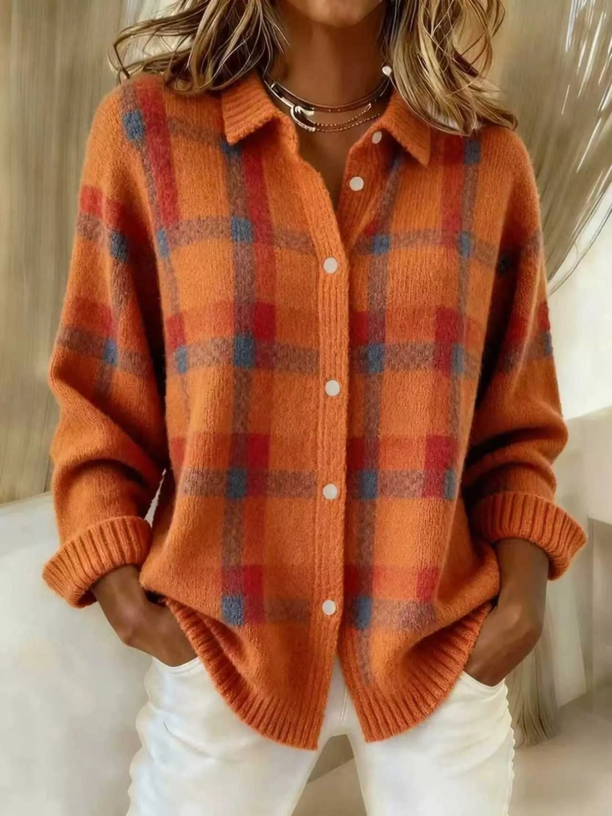 Trendsi Full Size Plaid Button-Down Knit Cardigan Plus Size -