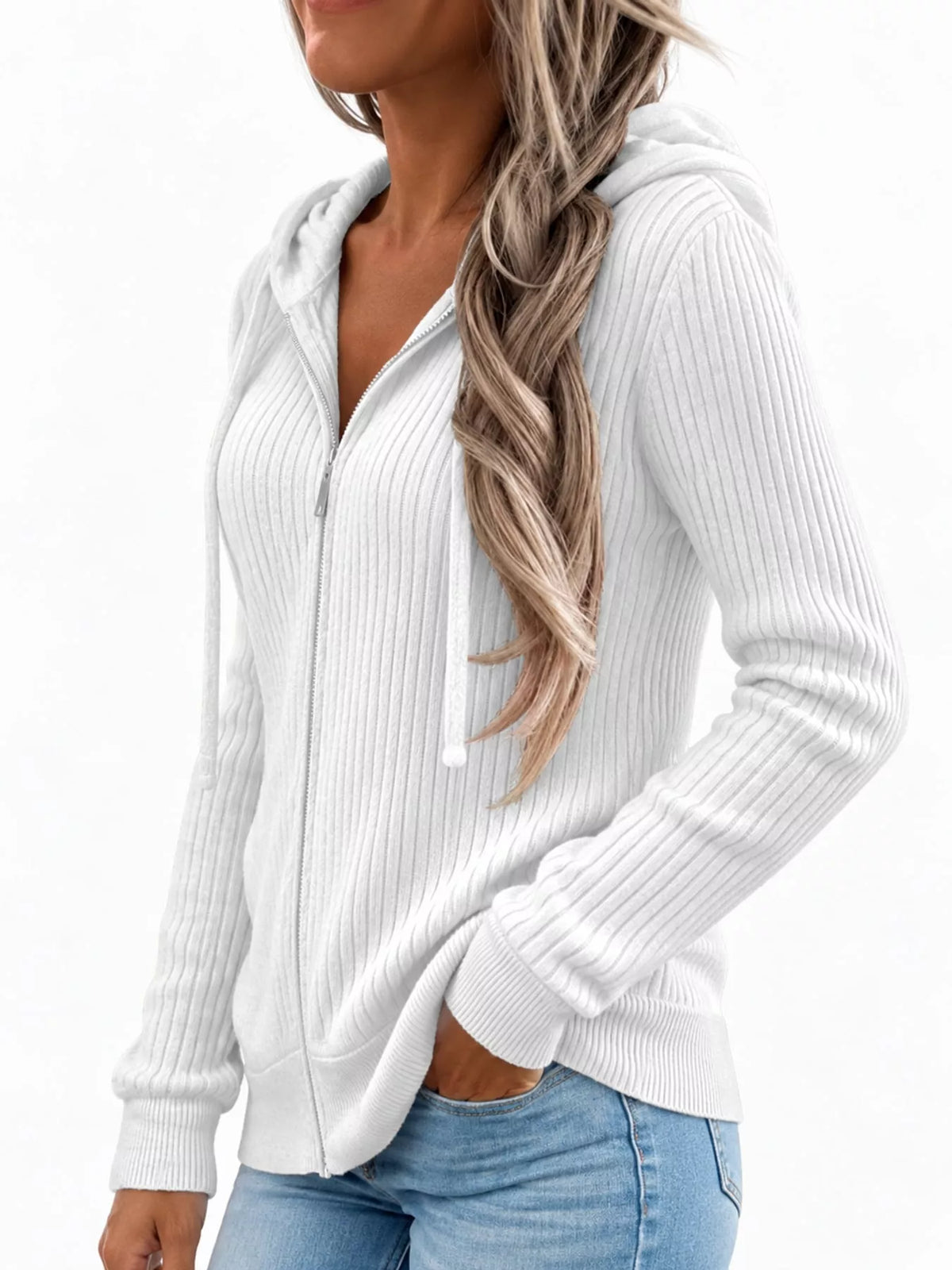 White Ribbed Knit Zip-Up Hooded Cardigan, side view