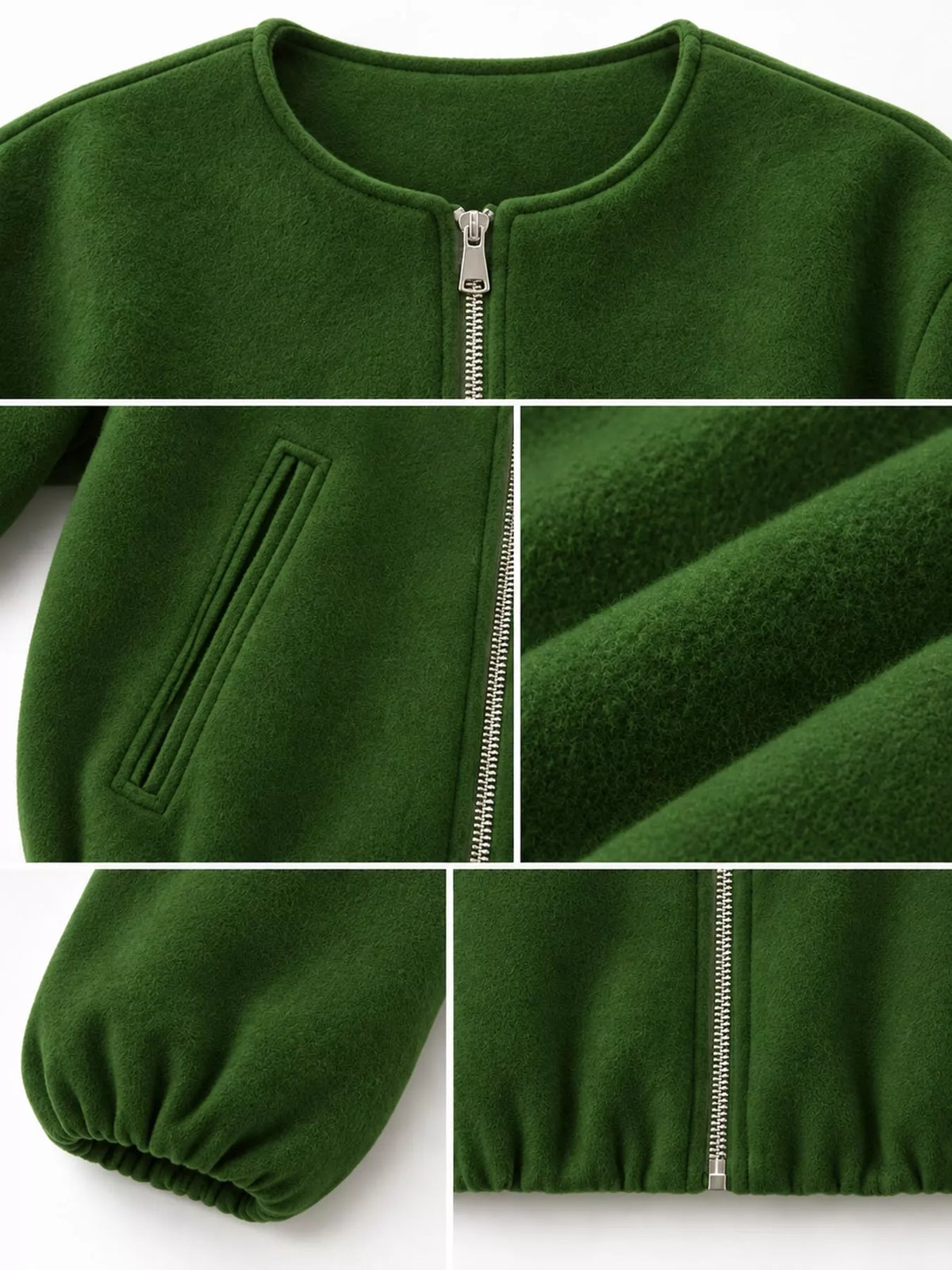 Green zip-up long sleeve jacket — design and construction details