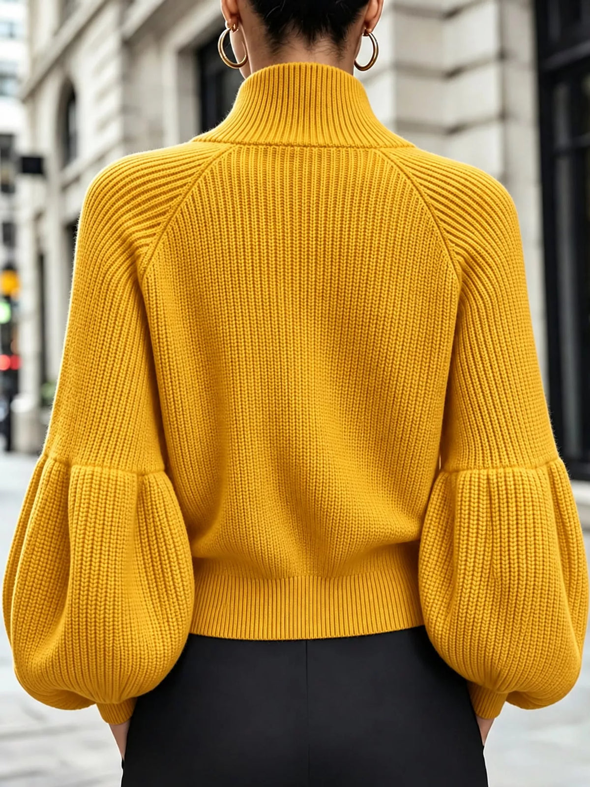 Yellow ribbed knit zip-up lantern sleeve cardigan, back view