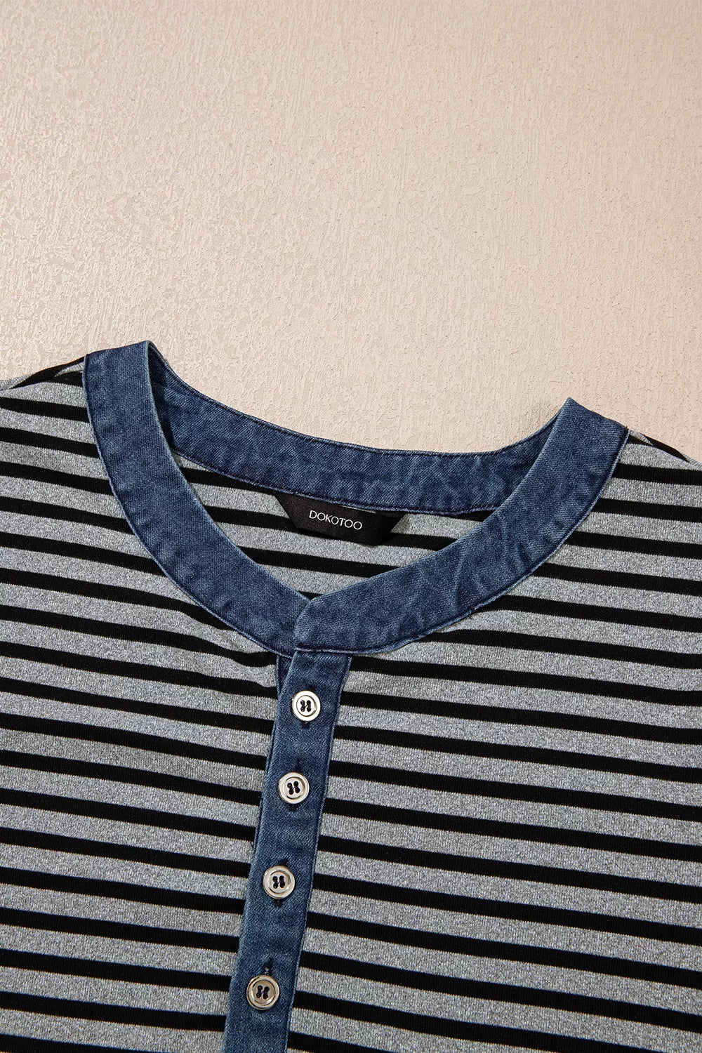Trendsi Stripe Denim Contrast Collar Half Button Long Sleeve Top -