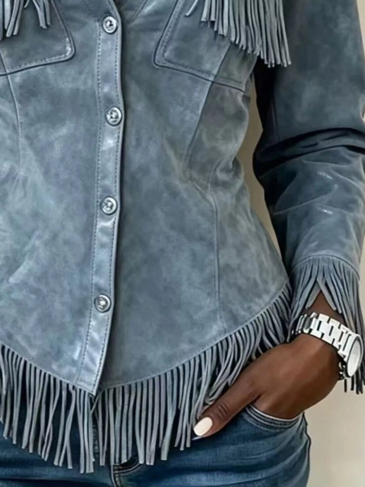 Fringed Snap Down Jacket in blue, pocket and cuff detail