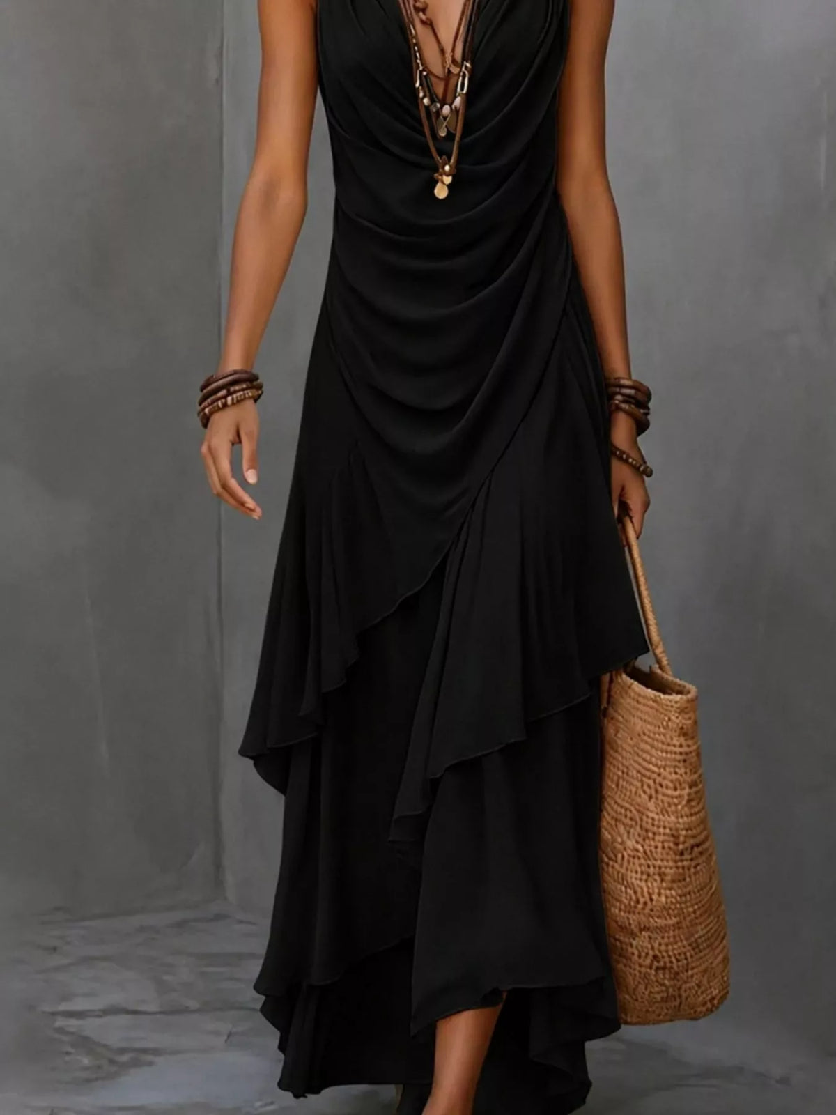 Sleeveless layered ruffle hem maxi dress