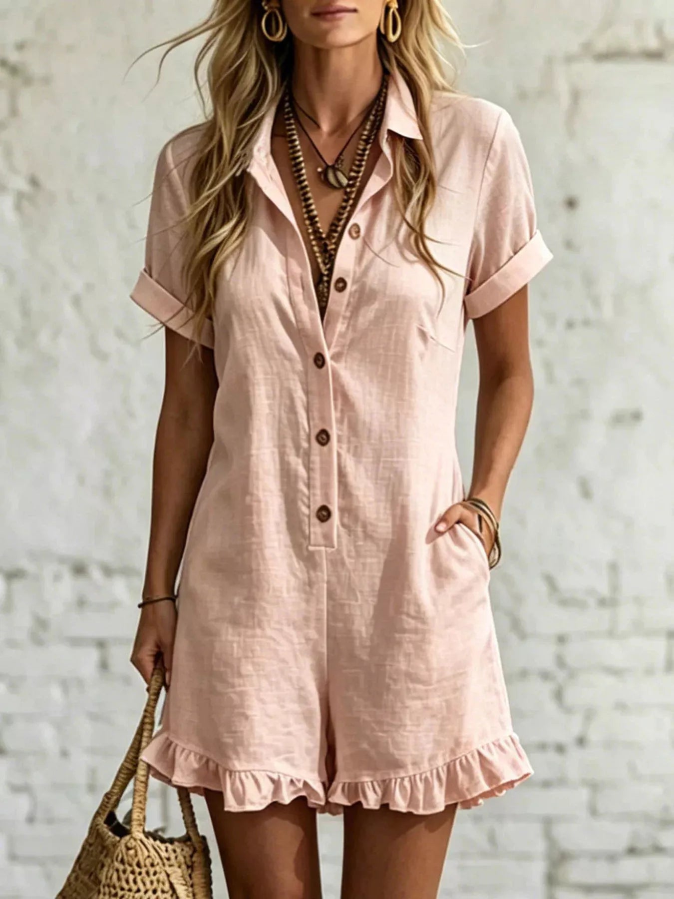 Trendsi Full Size Button Front Ruffled Hem Romper Plus Size -
