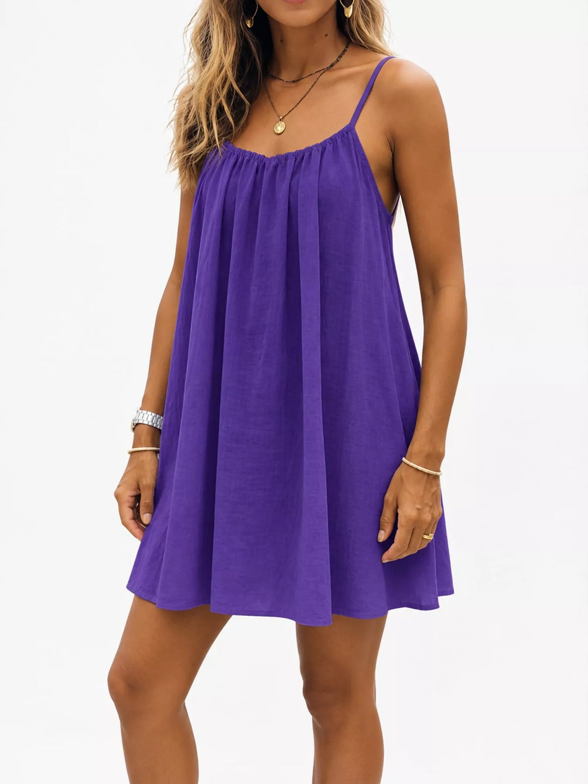 Purple spaghetti strap A-line mini dress with open tie back