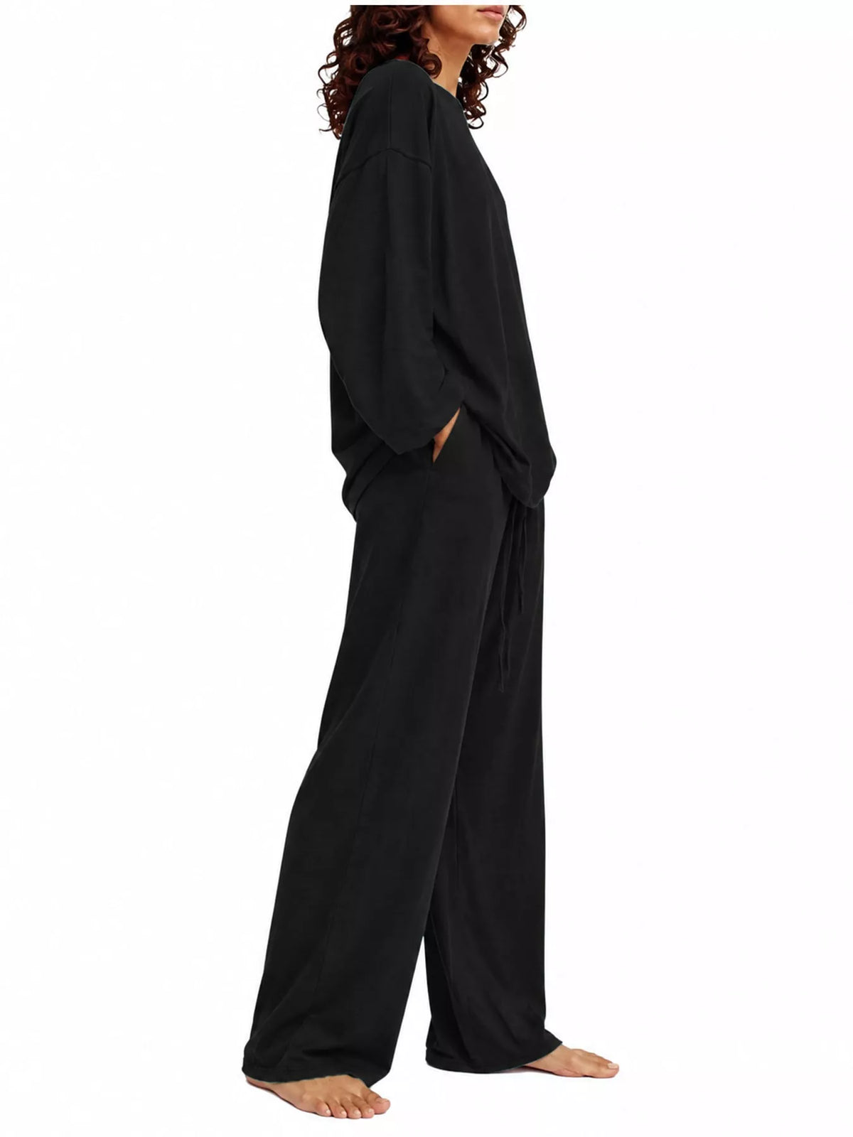 Women's Round Neck Top and Drawstring Wide-Leg Pants Set in black — side view