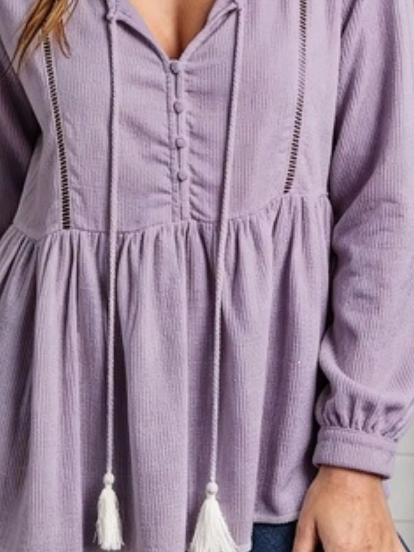 Trendsi Tassel Drawstring Long Sleeve Peplum Top -